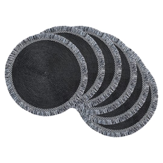 DII® 15" Round Black Fringed Placemat Set, 6ct.